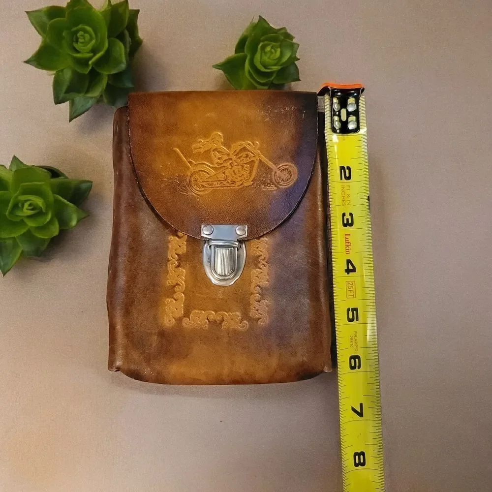 Vintage Tooled Leather Biker Cigarette Tobacco Pouch with Belt Slots